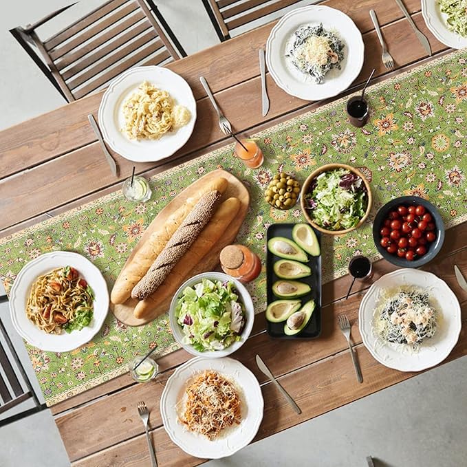Snycler Table Runner Boho Table Runners Vintage Elegant Farmhouse Table Center Linen Decor for Home Dining Party Entrance (13x72 Inch) Green