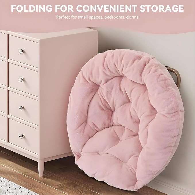 Magshion Saucer Chair for Adults, Comfy Living Room Lounge Chair for Bedroom Corner, Dorm, Apartment, Faux Fur Fluffy Circle Accent Seat with Thick Padded & Folding Metal Frame (Pink)