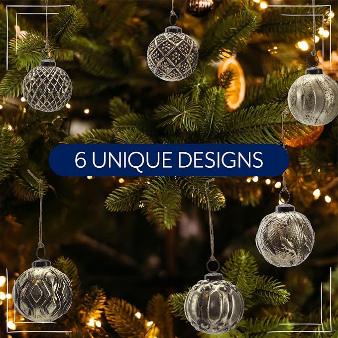 AuldHome Design Farmhouse Ball Ornaments (Set of 6, Antique Gold); Distressed Metal Glass Ball Vintage Style Christmas Decorations