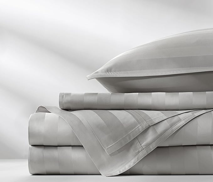 Queen Sheets by Pure Bamboo, Genuine 100% Organic Viscose Derived from Bamboo Bed Sheet Set, Luxuriously Soft & Cooling, Double Stitching, Lifetime Quality Promise (Queen, Jacquard Silver)