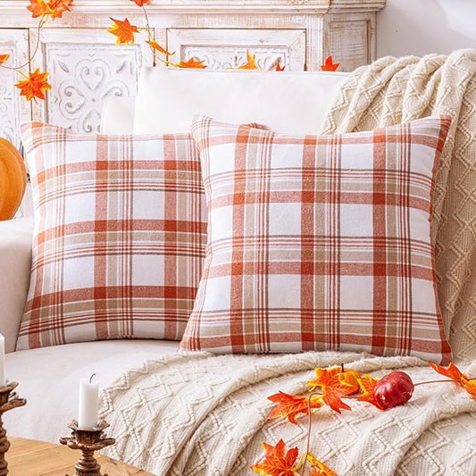 Fall Plaid Orange White Throw Pillow Covers 18x18 Inch, Set of 2 Autumn Decorative Throw Pillows for Couch Sofa Bed Living Room Home Decor, Accent Pillow Cases for Farmhouse Couch Cushion Covers