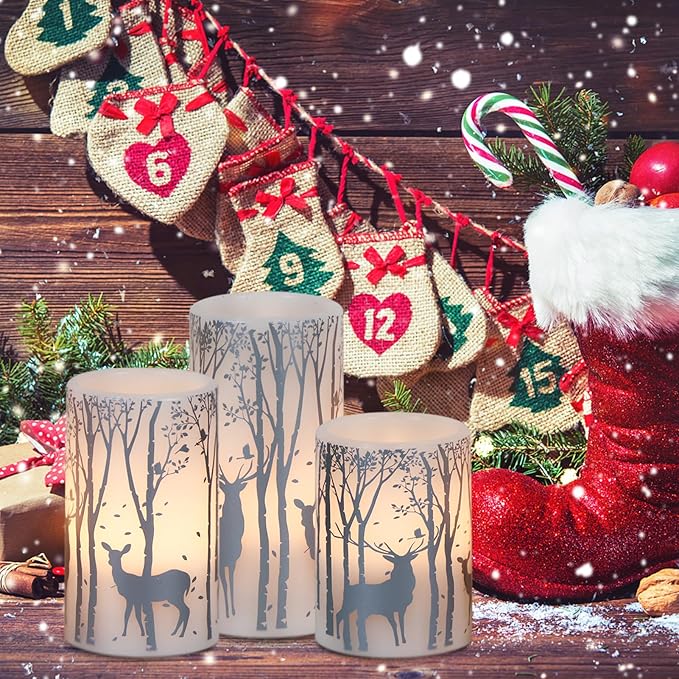 DRomance Silver Deer Flameless Flickering Candles Battery Operated with 6H Timer, 3 Pack Real Wax Warm Light LED Pillar Candles Dinner Tabletop Holiday Centerpiece Decor 3" x 6"