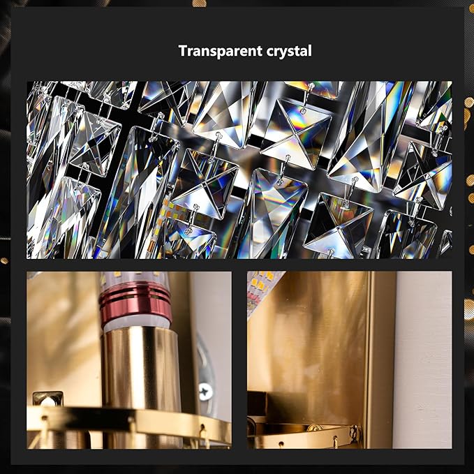 Modern K9 Crystal Wall Sconce, Gold Finish Wall Light Fixture, Acrylic Crystal Drops Wall Lamp Bedside Light 3 Tiers Crystal Wall Lamp for Bedroom Living Room,E12 Base