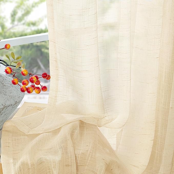 YoungsTex Linen Semi Sheer Curtains 84 Inch Length for Living Room 2 Panels, Champagne Boho Window Treatments Light Filtering Textured with Rod Pocket Back Tab for Bedroom Dining, 52 X 84 Inch