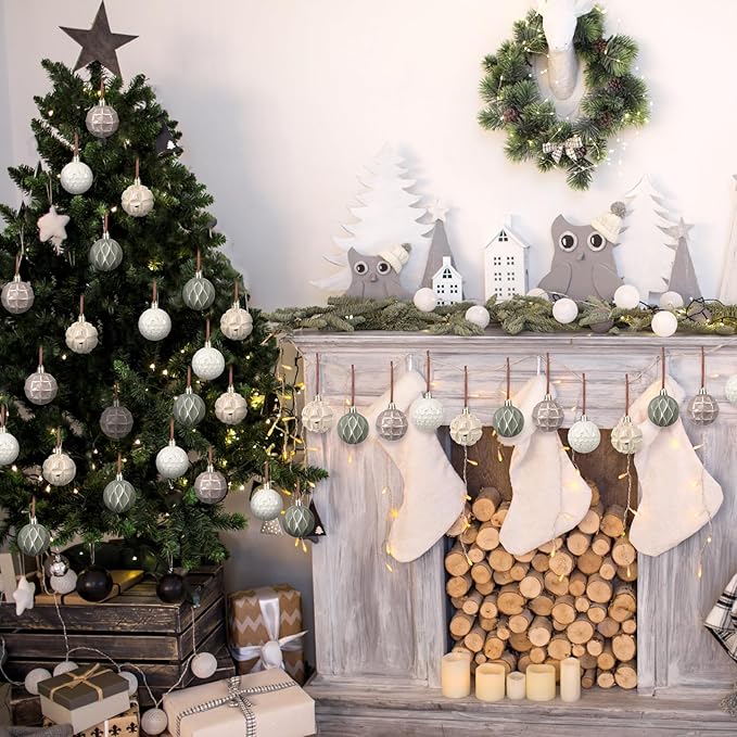 Syhood 24 Pcs Neutral Textured Christmas Ball Ornaments 2.4 Inch Vintage Xmas Tree Decorations Rustic Distressed Xmas Baubles Antique Farmhouse Modern Christmas Decor for Tree Home (Neutral)
