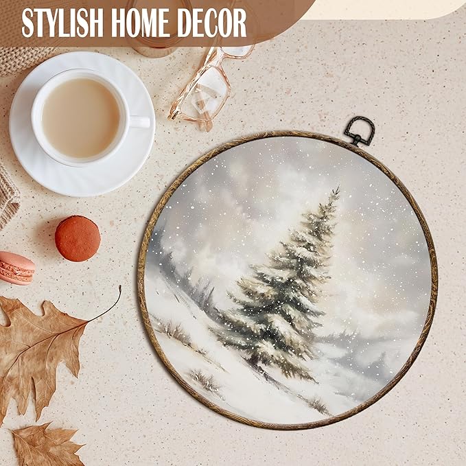 FSTCSV Winter Christmas Tree Round Wall Art Framed, Vintage Christmas Tree Snow Canvas Prints Wall Hanging Art, Retro Neutral Winter Forest Pine Trees Snow Circle Walls Decor for Home Bedroom,10x10in