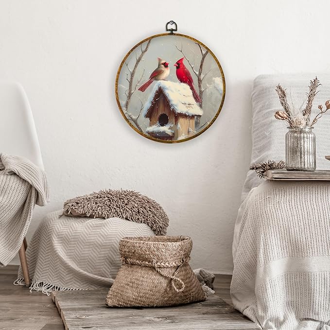 XPH Rustic Winter Cardinal Bird Round Wall Art Framed, Farmhouse Red Cardinal Circle Wall Decor, Cozy Winter Bird Hanging Canvas Prints for Home Bedroom Living Room Decoration, 10x10 Inch