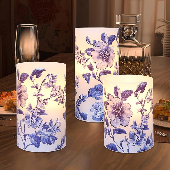 Flameless Candles Blue and White Porcelain Floral Chinoiserie Decor Battery Operated with Remote Real Wax Dripless Candle Vintage Decorative for Christmas Gift Wedding Home Party Decor