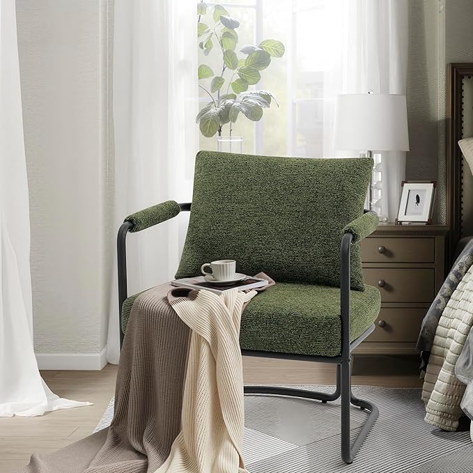 Mid-Century Modern Accent Chairs Set of 2, Comfy Upholstered Lounge Arm Chairs with Chenille Fabric for Living Room, Bedroom, Apartment, Reading Corner, Office, Green