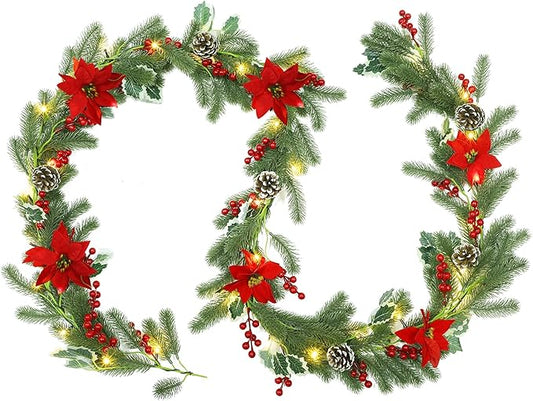 ATDAWN 9 FT Christmas Garland with Lights, Battery Operated Christmas Garland, Garland with Red Berry, Pine Cone and Poinsettia for Indoor Home Winter Holiday New Year Xmas Decorations