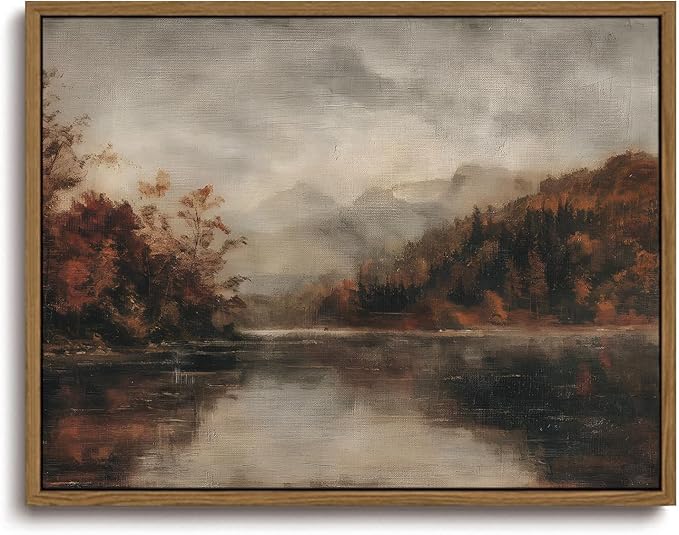 KISSFOX Vintage Autumn Lake Landscape Canvas Wall Art Fall Moody Farmhouse Rustic Country Painting Framed Wall Art Prints Artwork For Living Room Bedroom Kitchen