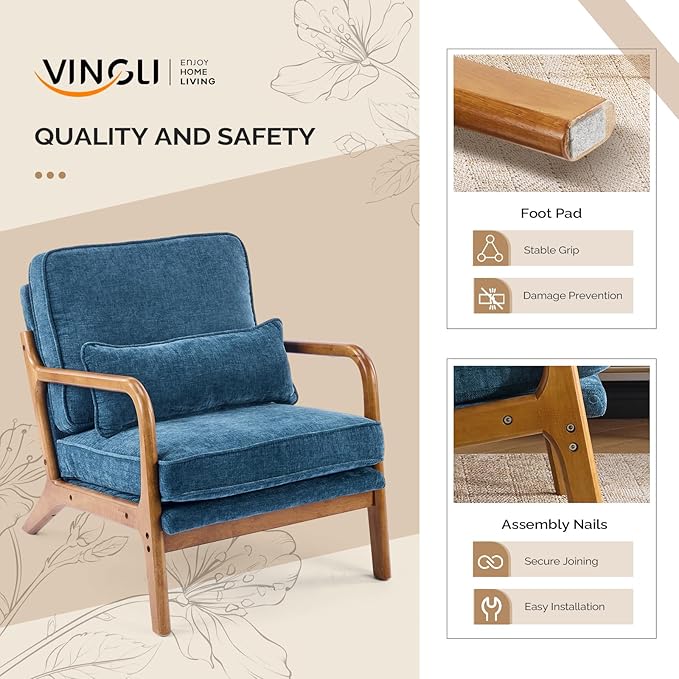 VINGLI Chenille Mid-Century Modern Accent Chair Set of 2, Cute Reading Arm Chair with Cushion & Lumbar Pillow & Solid Wood Frame for Lounge, Living Room, Reading Room, Bedroom, Blue