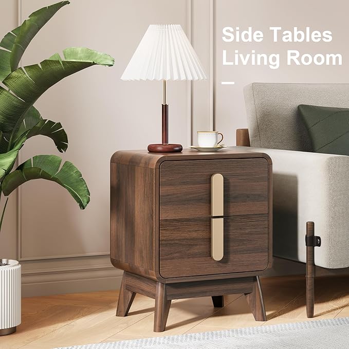 Nightstand Set of 2, Mid Century Modern Bedside Table with Drawers & Metal Handle, Curved Profile Brown End Table with Storage, Solid Wood Feet Side Tables for Bedroom, Dark Walnut
