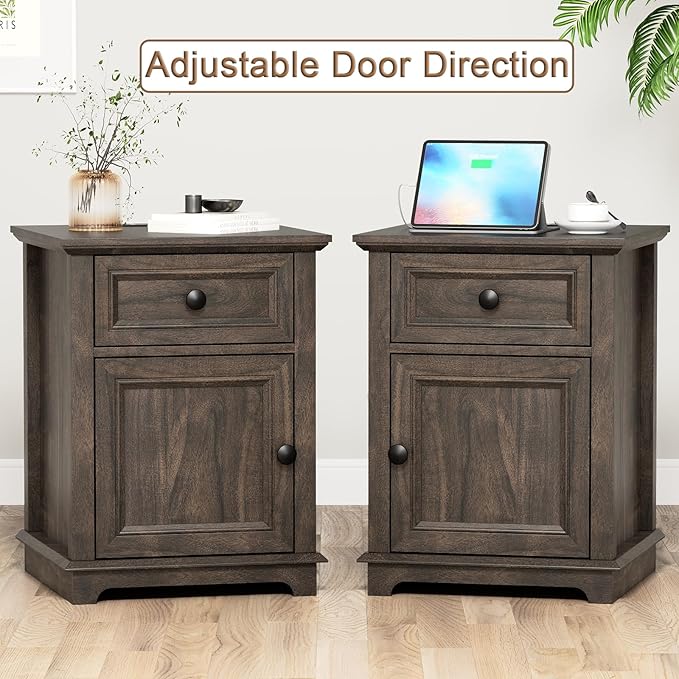 24" End Table with Fast Charging Station, Side Table with Drawer, Adjustable Shelf & Large Storage Cabinet, Vintage Wooden Nightstand for Living Room/Bedroom, Rustic Brown