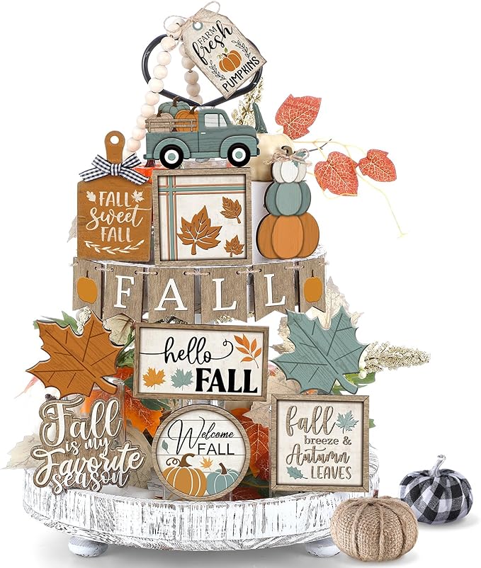 21 Pcs Fall Tiered Tray Decoration Set Thanksgiving Table Sign Pumpkins Farmhouse Decor Gnome Maple Leaves Centerpieces Harvest Wood Blocks Signs Fall Block Tabletop for Autumn(Classic)