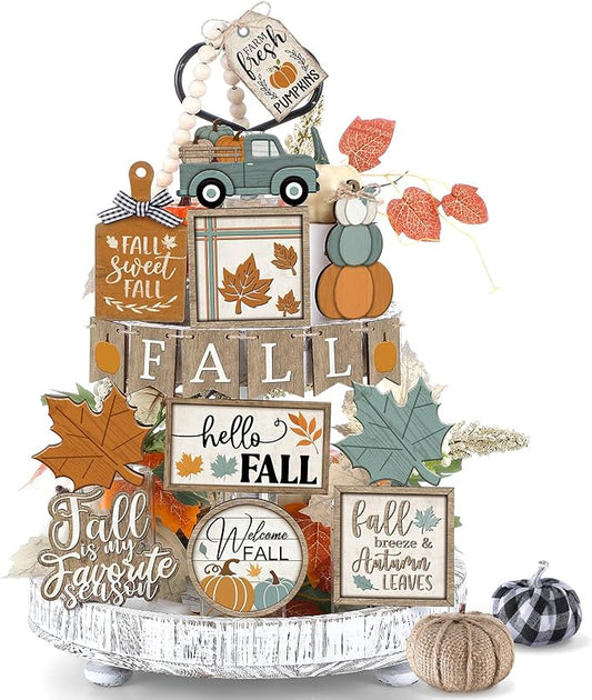 21 Pcs Fall Tiered Tray Decoration Set Thanksgiving Table Sign Pumpkins Farmhouse Decor Gnome Maple Leaves Centerpieces Harvest Wood Blocks Signs Fall Block Tabletop for Autumn(Classic)