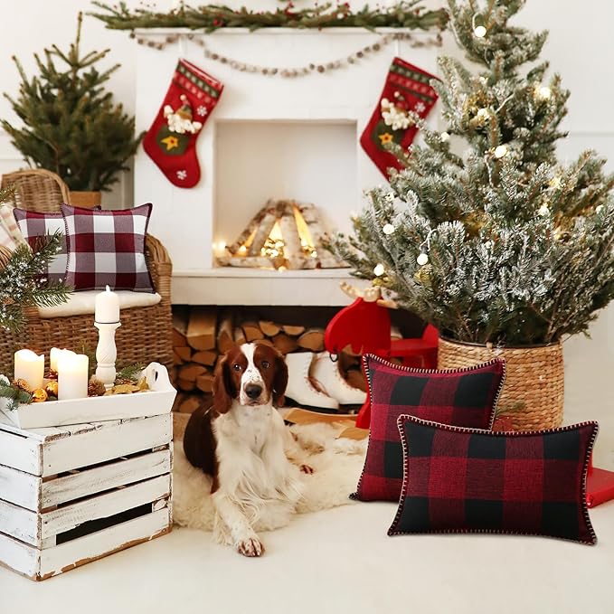 decorUhome Christmas Buffalo Plaid Check Throw Pillow Covers 12x20 Set of 2, Farmhouse Gingham Lumbar Linen Decorative Pillow Covers with Stitched Edge for Bed Couch Sofa, Red and Black
