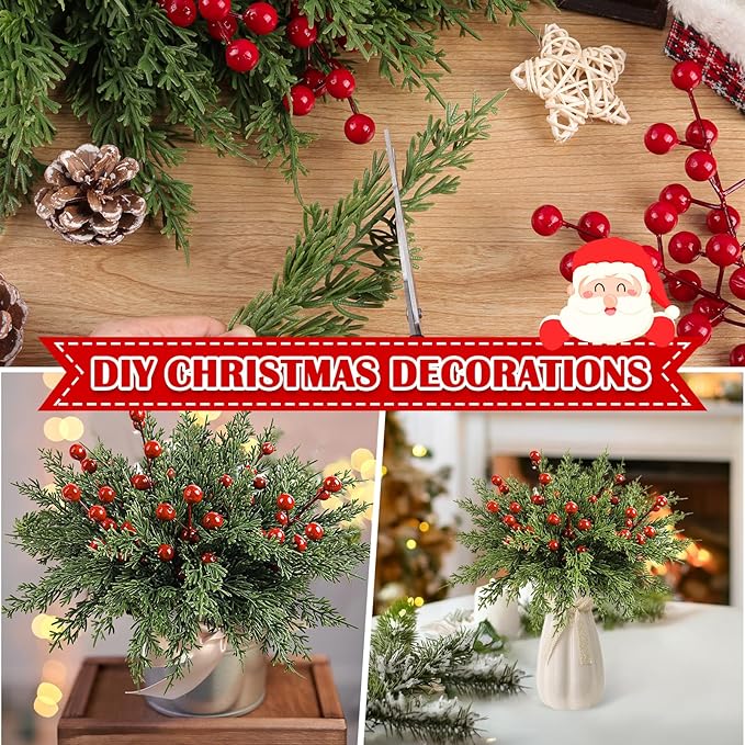 60Pcs Christmas Decorations-Artificial Pine Branches with Red Berry Stems, Christmas Decor Faux Pine Greenery Stems, Christmas Tree Decorations & Christmas Picks for Indoor Outdoor Navidad Decor