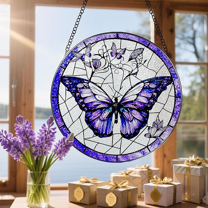 Stained Glass Window Hanging, 8 Inch Purple Butterfly Stained Glass Suncatcher, Butterfly Light Catcher, Window Hanging Decor, Gifts for Mother's Day, Christmas, Birthday, Gifts for Women Mom Grandma