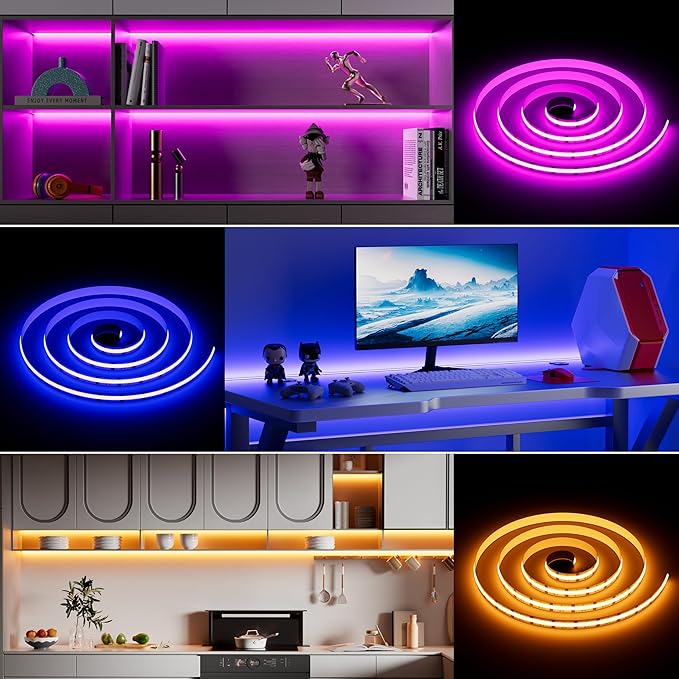 MIWISE RGB COB LED Strip Light 9.84ft/3m,Color Changing Dimmable Strip Light DC24V,Multicolor Flexible Tape Light 10mm Width,for TV,Bedroom,Party DIY Decoration(Power Supply & Controller NOT Included)