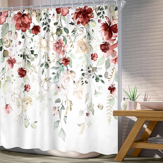 Red Floral Shower Curtain 72Wx72L Inch Burgundy Flower Rustic Watercolor Plant Green Eucalyptus Leaf Wildflower Botanical Bathroom Set Spring Pretty Bath Curtain Bathtub Accessories Home Decor