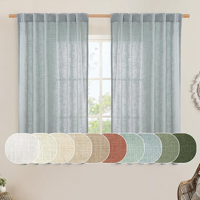 LAMIT Greyish Blue Linen Curtains 45 Inches Long for Bedroom, Light Filtering Panels Back Tab and Rod Pocket Neutral Drapes for Kitchen/Window/Loft Room, 52 x 45 Inch, 2 Panels