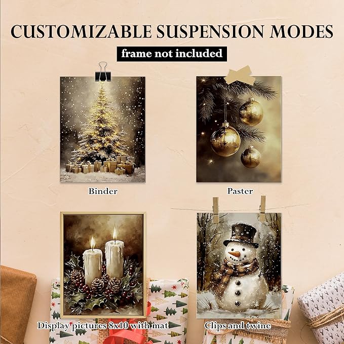 DOFQZ Vintage Christmas Wall Art Prints Set of 4, Farmhouse Christmas Decor, Moody Rustic Xmas Tree Gold Bauble Ball Candle Snowman Posters for Home Living Room Decor, 8x10 Unframed