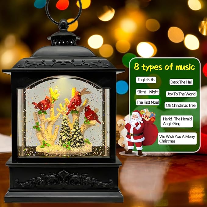 Christmas Snow Globes Lantern with Music & Timer - USB/Battery Operated LED Glittering Globe Lantern, Snow Globe Decoration for Home Holiday Decor (Red Robin)