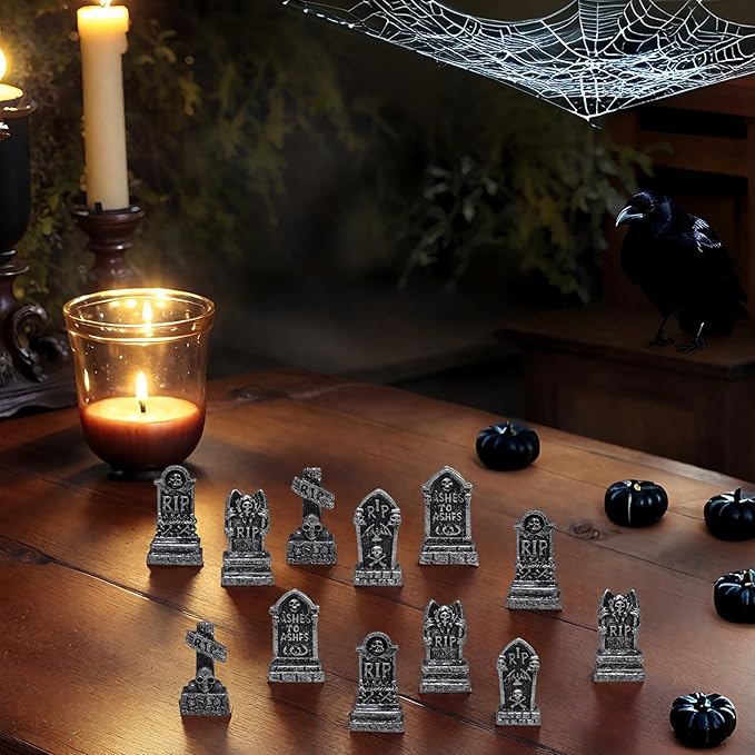 12PCS Mini Tombstones for Halloween Decoration, Resin Miniature Gravestones for Terrarium, Mini Headstones, Small Graveyard Set, Gothic Cemetery Figurines for Haunted House, Tabletop Displays
