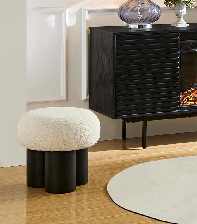 Mushroom Foot Stool, Round Teddy Fabric Ottoman with Non-Skid Legs, Small Footrest for Under Desk, Sofa Couch, Shoe Changing at Entrance, Living Room Bedroom Office (White & Black)