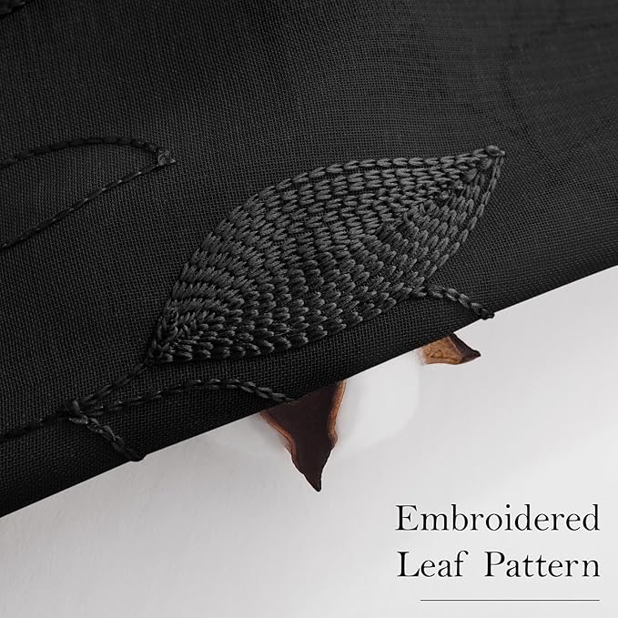 HOMEIDEAS Black Sheer Curtains 52 X 63 Inches Length 2 Panels Black Embroidered Leaf Pattern Gothic Faux Linen Floral Semi Sheer Voile Window Curtains/Drapes for Bedroom Living Room