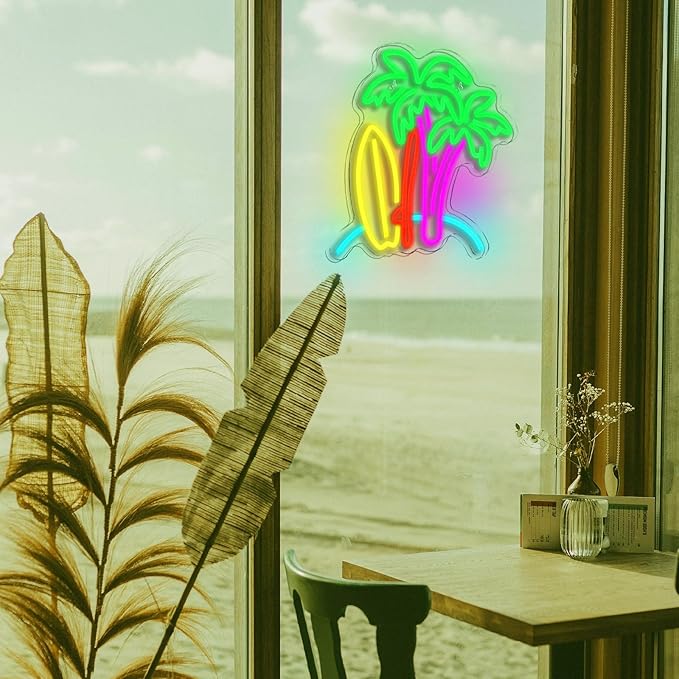SurfSurf Palm Tree Neon Sign Beach Surfboard Wall Decor Paradise Neon Light Surf Poster for Summer Tiki Bar Beach Room Decor for Teen Girls Surfer