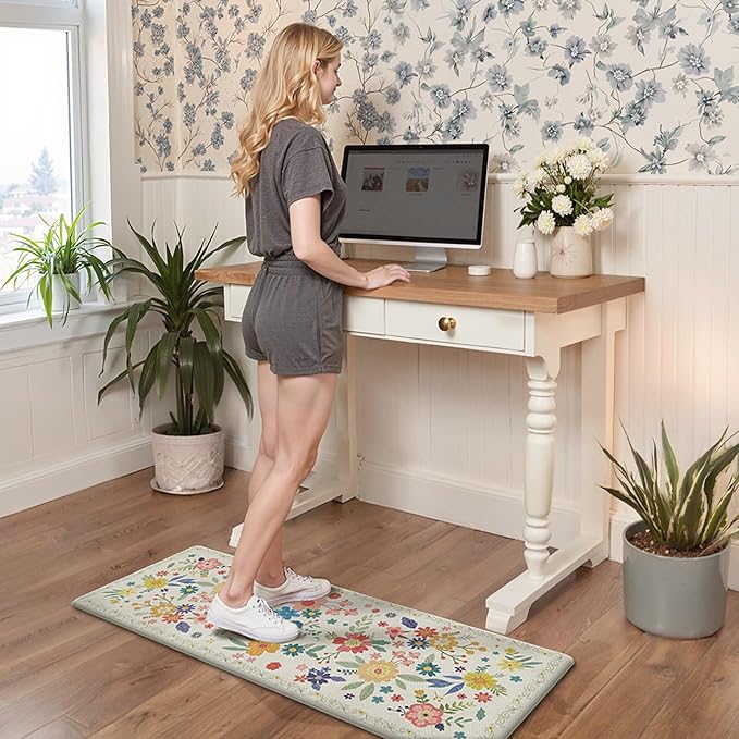 GENIMO Kitchen Mats for Floor 2PCS, Cushioned Kitchen Rugs Non Slip Washable, Farmhouse Anti Fatigue Mat Waterproof, Comfort Standing Mat Rug for Office, Home, Laundry, 17.3"x47"+17.3"x30", SoftWhite