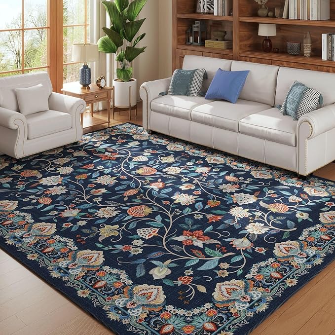 Rugcomf Vintage Paisley Rugs for Living Room 5'x7' - Machine Washable Area Rug, Non-Slip Low Pile Floral Carpet for Bedroom, Dining Room, Farmhouse, Office, Kids Playroom - Blue