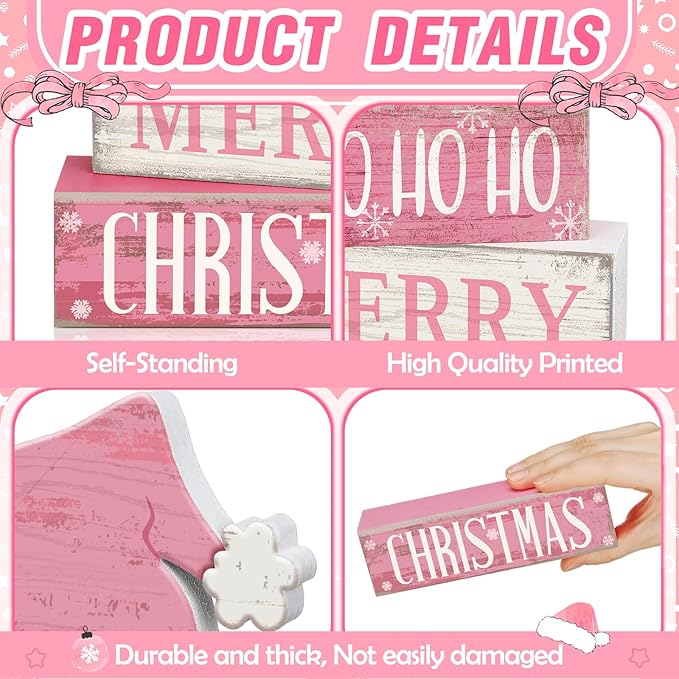 4 Pcs Christmas Table Decorations Pink Santa Hat Decor Christmas Tiered Tray Decor Rustic Wood Pink Hat Block Sign Gift Xmas Table Centerpiece Farmhouse for Home Shelf Kitchen Decorations