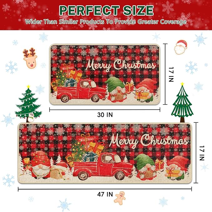Christmas Trucks Red Buffalo Plaid Kitchen Rugs and Mats Non Skid Washable Set of 2, Gnome Xmas Kitchen Mats for Floor Decor