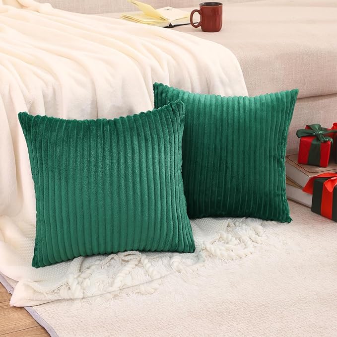 Simmore Decorative Throw Pillow Covers 24x24 Set of 2, Soft Natural Plush Flannel Double-Sided Fluffy Couch Pillow Covers for Sofa Living Room, Green
