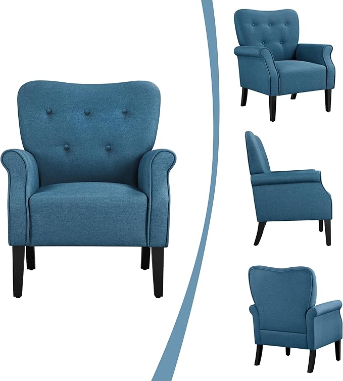 Yaheetech Modern Armchair, Mid Century Accent Chair with Sturdy Wood Legs and High Back for Small Space, Upholstered Fabric Sofa Club Chair for Living Room/Bedroom/Office, Navy Blue