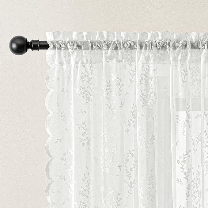 Sheer Lace Curtains 63 Inches Long, Vintage Floral Light Filtering Ivory Lace Curtains for Living Room & Bedroom, Rod Pocket, 2 Panels Set, Sprig Pattern (Ivory, 52" W x 63" L)