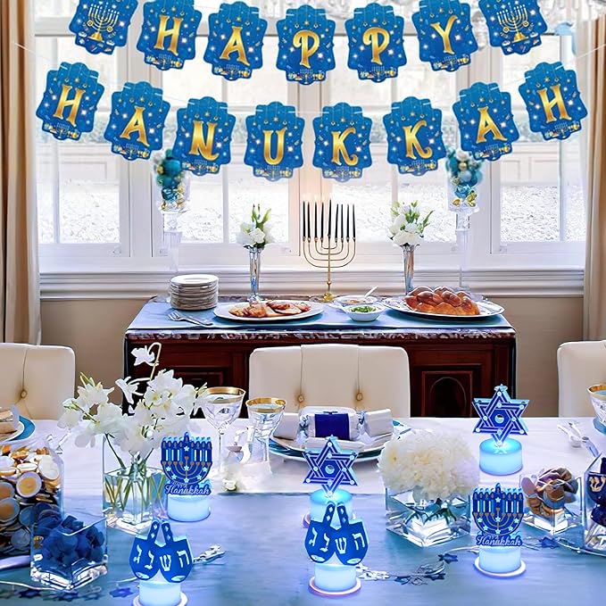 6 PCS Hanukkah Tea Lights Candles Battery Operated LED Flameless Tealight Candles, Blue Star of David Menorah Dreidel Hanukkah Decorations Centerpieces for Home Kitchen Party Decor