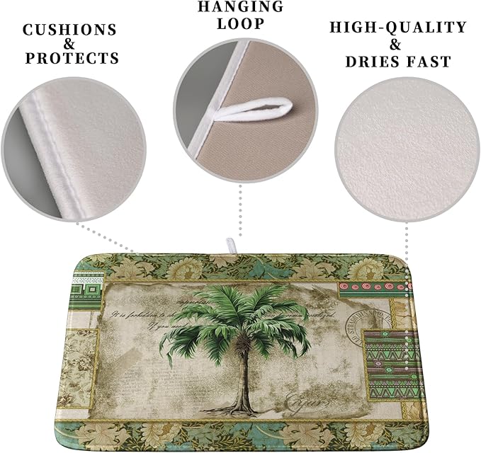 Palm Tree Kitchen Dish Drying Mat for Dishes 16x18 Inch Summer Vintage Tropical Leaves Green Jungle Plant Drying Mat Botanical Dish Drainer Mat Super Absorbent Dish Rack Pad for Coffee Bar Sinks