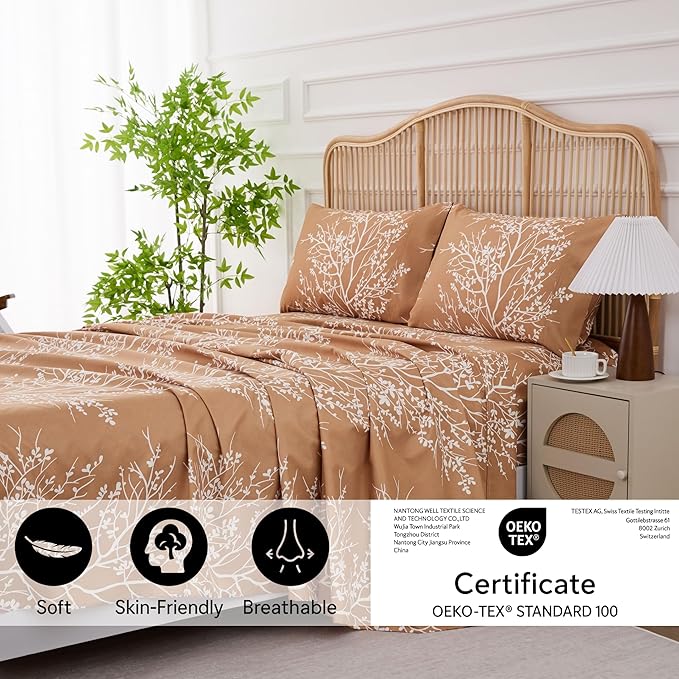 Spirit Linen home Twin Sheets Sets - Pure Microfiber 3 Piece Polyester Bed Sheets, Fitted Sheet & Pillow Cases - Twin Sheets for All Seasons (Foliage Taupe/White, Twin/Twin XL)