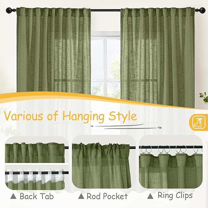 YoungsTex Olive Green Linen Cafe Curtains 36 Inch Length 2 Panels - Small Light Filtering Drapes Half Window Semi Sheer with Rod Pocket Back Tab for Kitchen Window Over Sink, 34 X 36 Inch