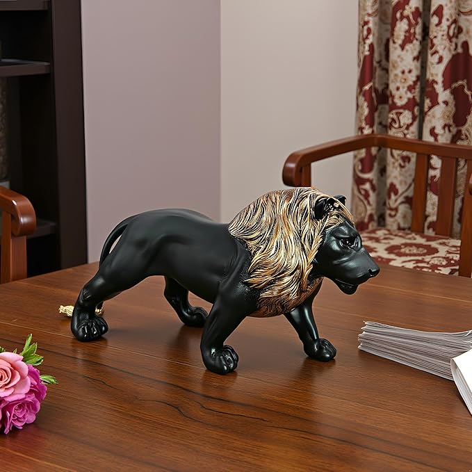 12" Collectible Black Gold Lion Statue, Desk Decor, Room Decor, Home Decor, Modern Art Sculpture, Handmade Resin Animal Statue, Gift for Women,Brother,Friend