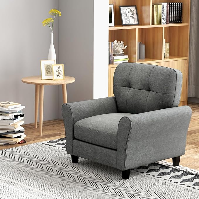 Giantex Modern Mid-Century Accent Chair - Linen Living Room Chair with Tufted Back, 7" Thick Cushion, Max Load 400 lbs, Upholstered Armchair with Non-Slip Foot Pads, Club Chair for Bedroom, Grey