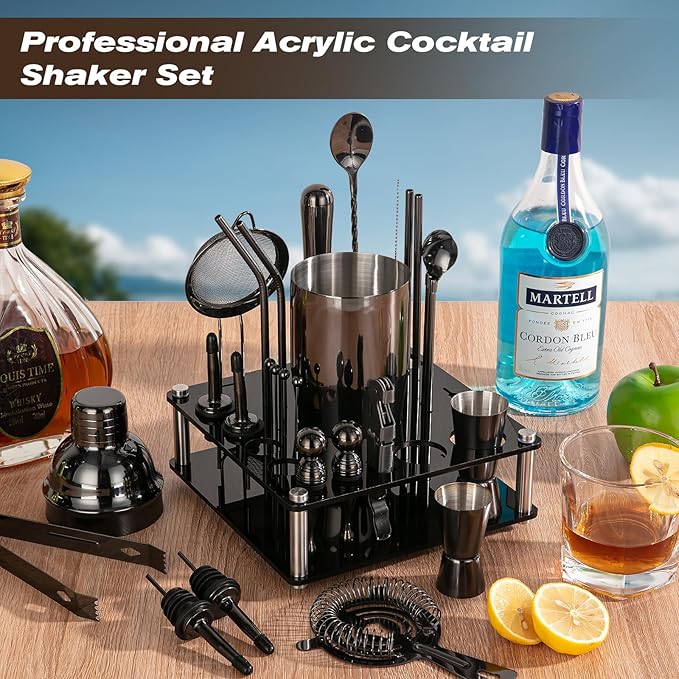 KINGROW Cocktail Shaker Set 29-Piece Bartender Kit with Rotating Stand | Bar Set Drink Mixer Set with All Essential Accessory Tools for Drink Mixing, Home, Bar, Party |Black