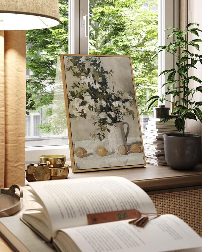 VIYYIEA Floral Large Framed Wall Art, Flowers and Lemons Vintage Art Decor Room Aesthetic, 16X24 Inch Canvas Print Artwork, Farmhouse Still Life Painting Wall Decor for Bedroom Bathroom Office