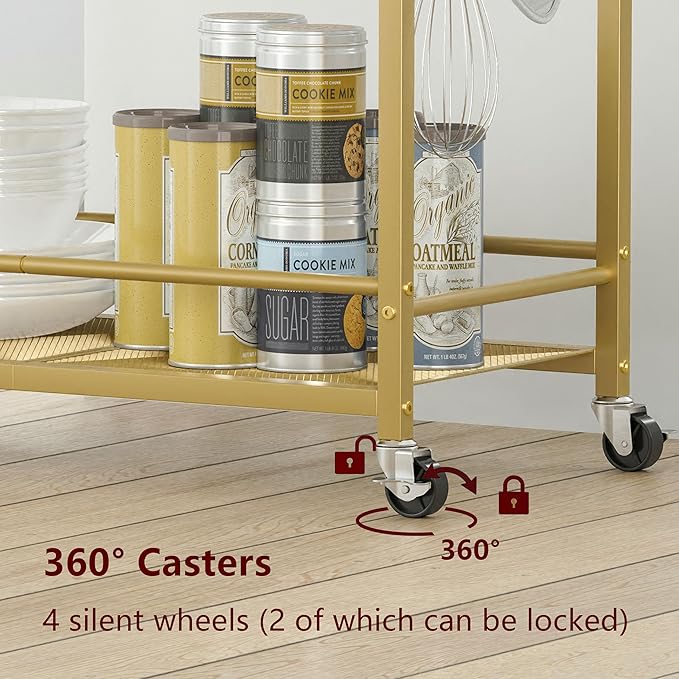 3 Tier Bar Cart, Home Bar Serving Cart with Wheels, Small Rolling Beverage Cart with Glass Holders, Mini Drink Cart with Wine Rack for Kitchen Dining Living Room Gold GBC507G