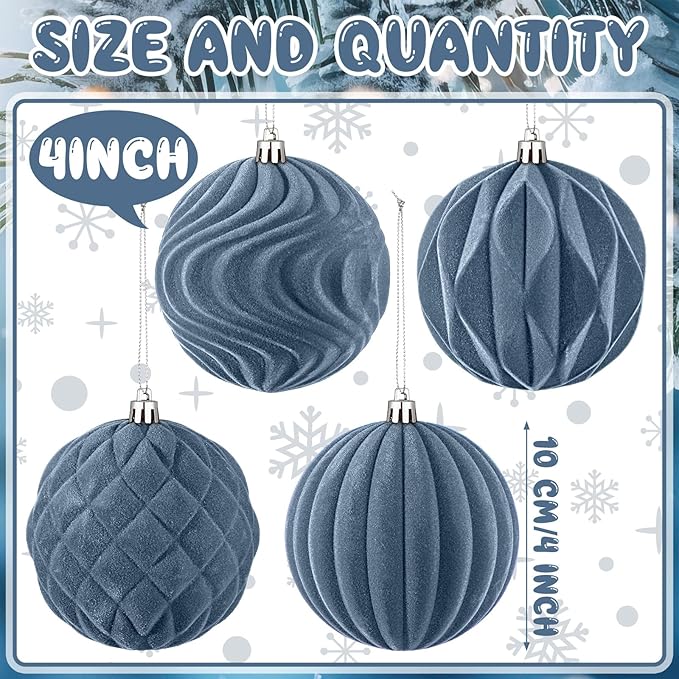 4 Pcs 4 Inch Large Velvet Christmas Ball Ornaments Vintage Christmas Plastic Ball Ornaments Flocked Tree Hanging Decoration for Xmas Party Wedding Home Decor(Grey Blue)