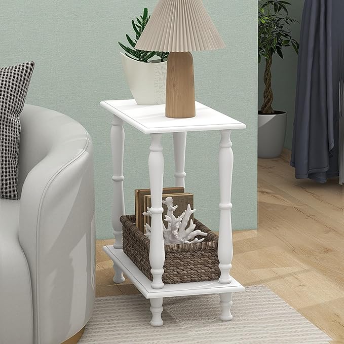 TaoHFE White Narrow Side Table Wooden Vintage End Tables Living Room French Style 24 Inch Sofa Side Table with Open Shelf 2-Tier Retro Bedside Table for Bedroom Living Room Small Space, White